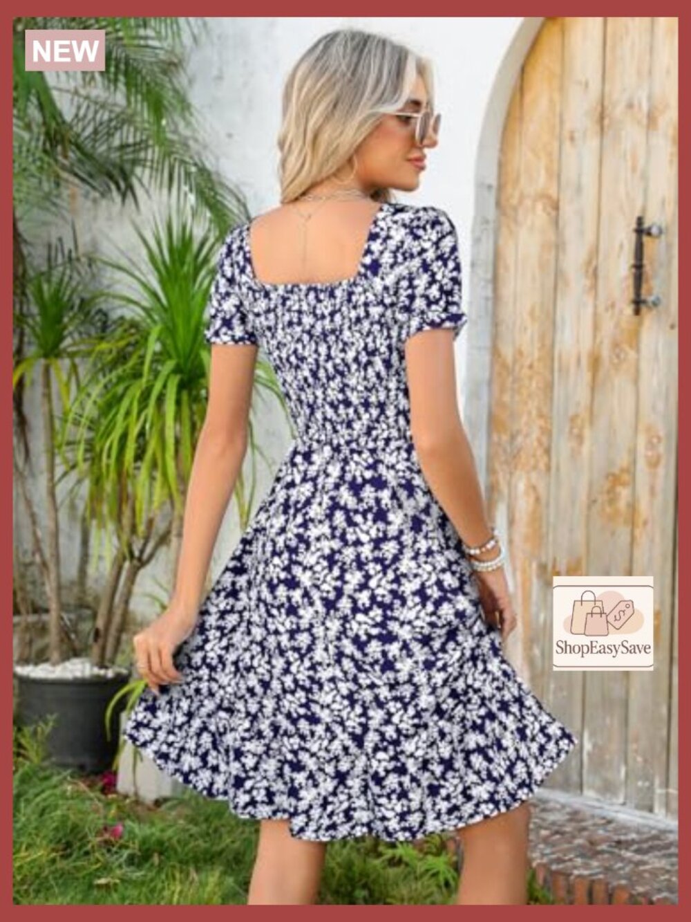 Short Sleeve Square Neck A-Line Tiered Sundress with Pockets Casual Spring - Picture 5 of 7